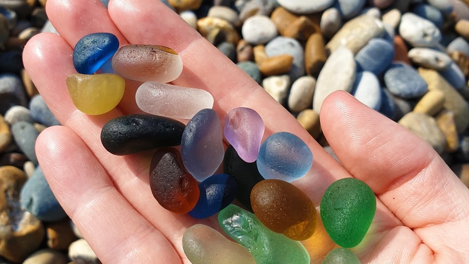 Beautiful collection of Seaham seaglass pieces showing various colors and shapes